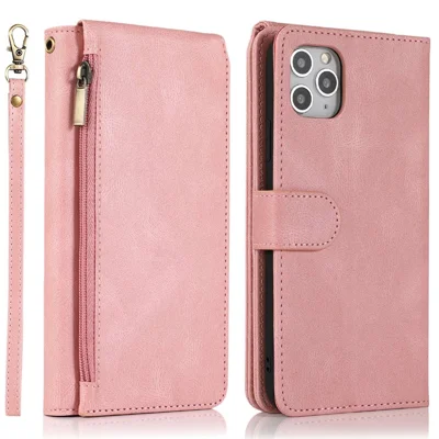 For iPhone 14 Pro Max 6.7 inch Outer Zipper Pocket Skin-touch Leather Case Wallet Stand Multiple Card Slots Phone Cover with Hand Strap - Rose Gold