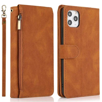 Skin-touch-lederhülle Für Iphone 14 6,1 Zoll, Brieftasche Volle Schutz Mehrere Kartenschlitze Telefonabdeckung Mit Handgurt - Braun