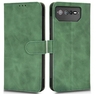 Skin-Touch Feeling Phone Cover for Asus ROG Phone 6 5G, PU Leather Magnetic Clasp Stand Wallet Case - Green