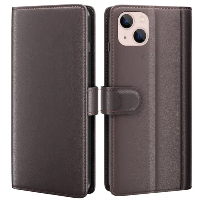 Funda para iPhone 14, funda de cuero legítimo dividido con billetera y soporte - Marrón