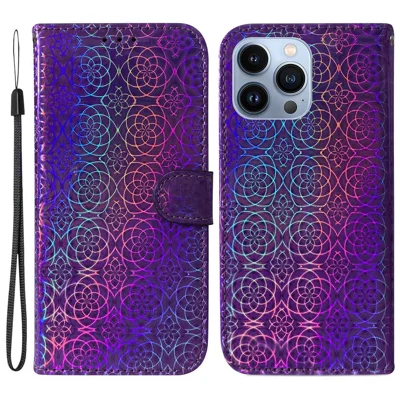 Für Iphone 14 Pro 6,1 Zoll Schillernde Blumenmuster Lederhülle Anti-kratzer Folio Flip Phone Shell Mit Stand Wallet - Violett