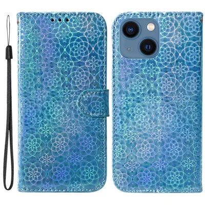 Für iPhone 14 Plus PU-Leder-Blumenmuster-Case Hülle mit Standfunktion, Brieftasche, stoßfest - Blau