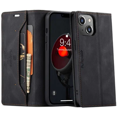 AUTSPACE A01 Series For iPhone 14 6.1 inch Mobile Phone Case Retro Matte PU Leather+TPU RFID Blocking Phone Stand Wallet Cover - Black