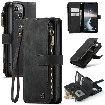 CASEME C30 Series Multiple Card Slots Case per iPhone 14 6.1 pollici, Portafoglio con Cerniera Tasca PU Pelle Stand Custodia Telefonica con Cinturino - Nero