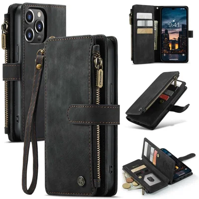 For iPhone 14 Pro Max Phone Cases with Strap CASEME C30 Zipper Multiple Card Holder PU Leather Cover - Black