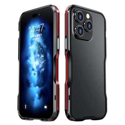 LUPHIE para iPhone 14 Pro 6.1 pulgadas Funda protectora de metal antichoque y anticaídas - Negro / Rojo