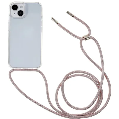 For iPhone 14 6,1 tommer TPU+Acryl Gennemsigtigt Bagsidehylster Stødfast Telefonbeskyttelse med Justérbar Lanyard - Rosenød
