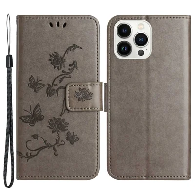 For iPhone 14 Pro Max 6.7 inch Shockproof Butterfly Flower Imprinted Phone Case PU Leather Stand Wallet Phone Cover with Strap - Grey