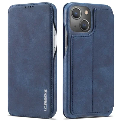 LC.IMEEKE Cell Phone Cover for iPhone 14 Plus, Anti-fingerprint PC+PU Leather Stand Phone Case with Card Slot - Blue