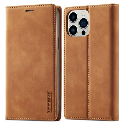 LC.IMEEKE For iPhone 14 Pro Max 6.7 inch Strong Magnetic Closure Anti-dust PU Leather Mobile Phone Case Wallet Stand Phone Cover - Brown