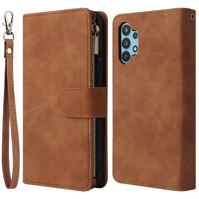 For Samsung Galaxy A32 4G (EU Version) Multiple Card Slots Zipper Pocket Leather Phone Case Stand Wallet Cover - Brown