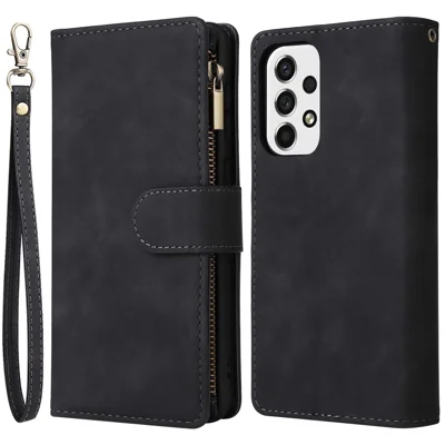 For Samsung Galaxy A53 5G Multiple Card Slots Drop-proof Case Leather Wallet Stand Folio Flip Phone Cover with Zipper Pocket - Black