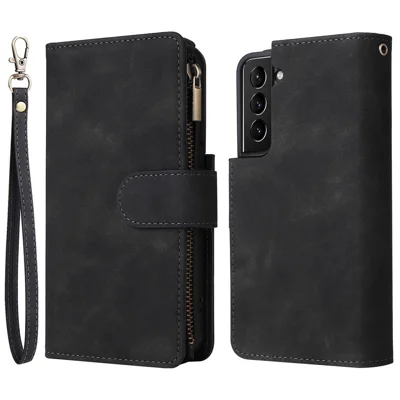 Multiple Card Slots Stand Case for Samsung Galaxy S22 5G, Wallet PU Leather Zipper Pocket Phone Cover - Black