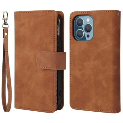 For iPhone 13 Pro 6.1 inch Zipper Pocket Design PU Leather Mobile Phone Wallet Stand Cover Multi Card Slots Drop-proof Case - Brown