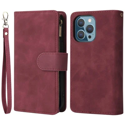 For iPhone 13 Pro Max 6.7 inch PU Leather Multi Card Slots Phone Wallet Stand Cover Zipper Pocket Design Anti-drop Case - Wine Red