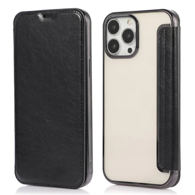 For iPhone 14 Pro Max 6.7 inch PU Leather Folio Flip Case Card Slot Clear Soft TPU Back Stand Electroplating Shell - Black