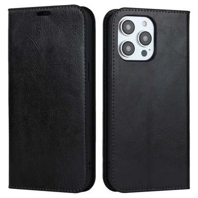 For iPhone 14 Pro Max 6.7 inch Magnetic Auto-absorbed Phone Case Crazy Horse Texture Genuine Leather Wallet Stand Folio Cover - Black