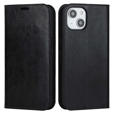 For iPhone 14 6.1 inch Genuine Leather Magnetic Absorption Phone Case Crazy Horse Texture Shockproof TPU Interior Shell Flip Stand Wallet Cover - Black