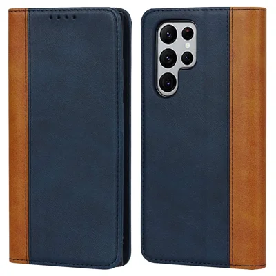For Samsung Galaxy S22 Ultra 5G Bi-color Splicing Wallet Phone Case PU Leather Holder Folio Flip Stand Magnetic Absorption Cover - Blue  /  Yellow
