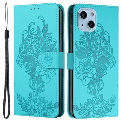 Für Das Iphone 14 6,1 Zoll PU Leder Hülle Brieftaschenstand Funktion Tigerkopf Eingeprägter Flip -abdeckung Mit Handgelenkriemen - Baby Blau