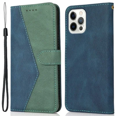 For iPhone 14 Pro 6.1 inch Impact Resistant Dual-color Splicing PU Leather Wallet Stand Case Cover with Wrist Strap - Blue / Green