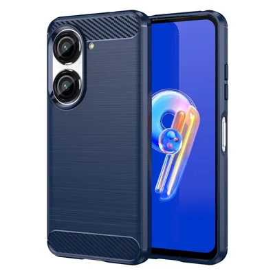 For Asus Zenfone 9 5G Durable TPU Cell Phone Case Carbon Fiber Texture Brushed Surface Wear-resistant Cover - Blue