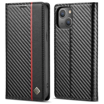 LC.IMEEKE för iPhone 14 Plus Kolfiberstruktur Plånbok Ställbara Design PU-läder Magnetisk Automatisk Stängnings Mobilskal - Vertikal Strimmönster
