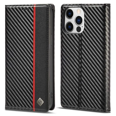 LC.IMEEKE for iPhone 14 Pro 6.1 inch Carbon Fiber Texture PU Leather Anti-drop Cover Magnetic Adsorption Phone Wallet Stand Case - Vertical Stripe