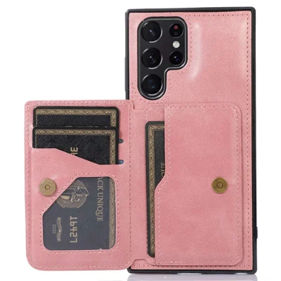Voor Samsung Galaxy S22 Ultra 5G Hoesje met Kaartvakken PU Leer + TPU Antivalt Steunstandaard Cover met Ondersteuning voor Magnetische Autohouder - Roségoud