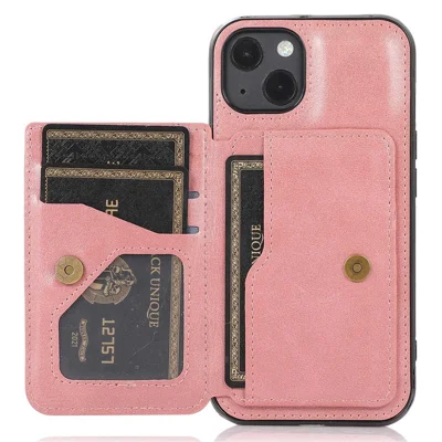 For iPhone 14 Plus Card Slots Kickstand PU Leather + TPU Phone Case Shockproof Anti-scratch Cover with Magnetic Car Mount Metal Sheet - Rose Gold