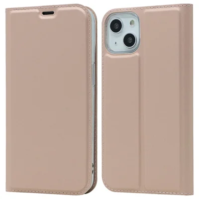 For iPhone 14 Plus Anti-wear Flip PU Leather Card Holder Case Stand Design Magnetic Adsorption Phone Cover - Rose Gold