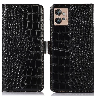 For Motorola Moto G32 4G Anti-scratch Shockproof Crocodile Texture Case RFID Blocking Genuine Cowhide Leather Wallet Phone Shell - Black