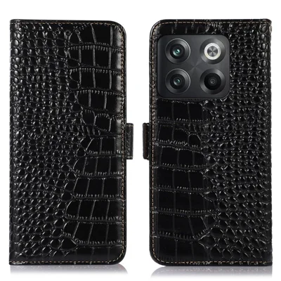For OnePlus 10T 5G / Ace Pro 5G Anti-fall Crocodile Texture Case RFID Blocking Genuine Cowhide Leather Well-protected Wallet Phone Cover - Black