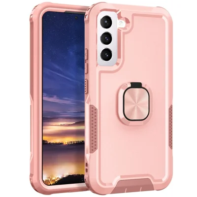 For Samsung Galaxy S22 5G PC + Silicone 3-in-1 Protective Case Rotatable Ring Kickstand Phone Drop-proof Cover - Pink
