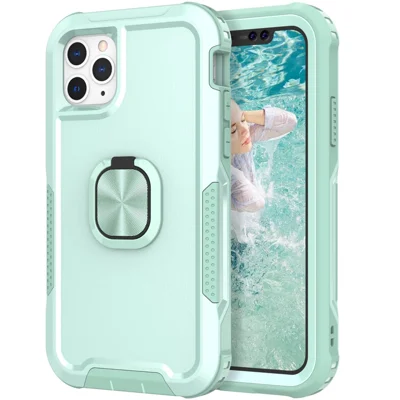 For iPhone 12 / 12 Pro 6.1 inch 3-in-1 Shockproof Ring Holder Phone Case Kickstand Anti-fall Phone Protective Back Cover - Green