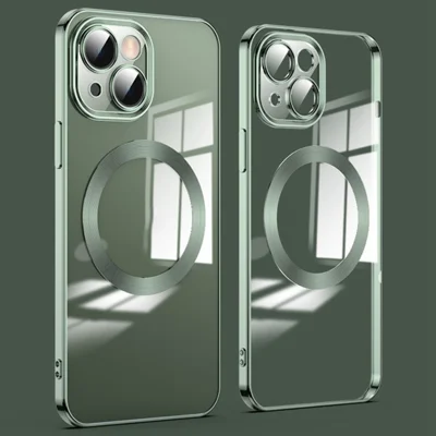 Voor iPhone 14 Plus Magnetische Oplaad TPU Telefoonhoes Ultra-Dunne Hoes met Lensfolie - Groen