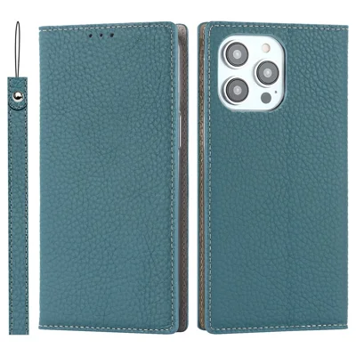 For iPhone 14 Pro Max 6.7 inch Genuine Leather Case Litchi Texture Wallet Stand Folio Flip Phone Cover with Hand Strap - Baby Blue