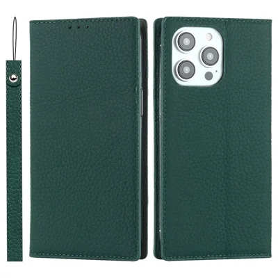 For iPhone 14 Pro Max 6.7 inch Genuine Leather Case Litchi Texture Wallet Stand Folio Flip Phone Cover with Hand Strap - Green