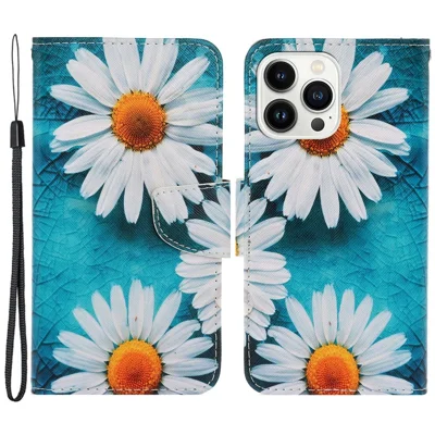 For iPhone 14 Pro Max 6.7 inch Protective Phone Case Cross Texture Pattern Printing PU Leather Shockproof Stand Wallet Cover - Chrysanthemum