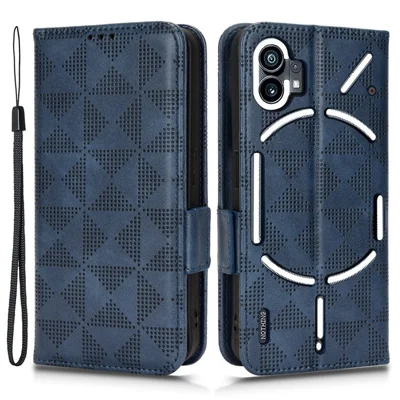 For Nothing phone (1) 5G Anti-collision Triangle Pattern Imprinted Case, Wallet Stand Design PU Leather+TPU Phone Cover with Strap - Blue