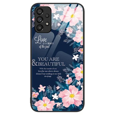 For Samsung Galaxy A53 5G Tempered Glass Pattern Printing Slim Case Hard PC Soft TPU Anti-Scratch Cover - Pink Flowers