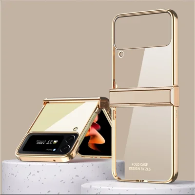 For Samsung Galaxy Z Flip4 5G Electroplating Frame Transparent Hard PC Phone Case Folding Shell with Hinge - Gold