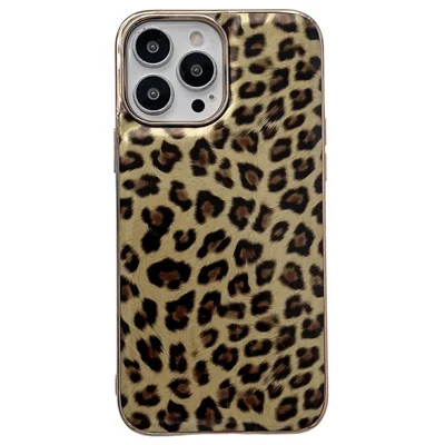 For iPhone 14 Pro 6.1 inch Leather Coated TPU Case Electroplating Leopard Pattern Anti-drop Protection Phone Cover - Gold