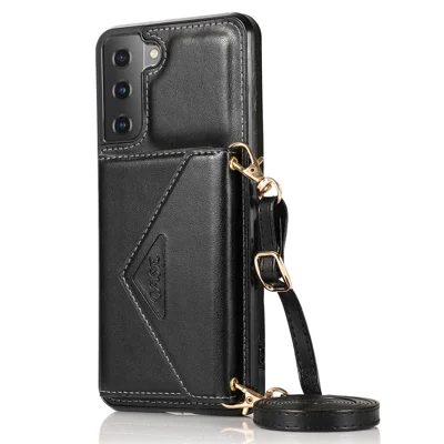 For Samsung Galaxy S22 5G PU Leather Coated TPU Kickstand Case Card Holder Magnetic Closure Phone Cover with Shoulder Strap - Black