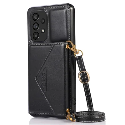 For Samsung Galaxy A53 5G Card Holder Kickstand Phone Case Leather Coated TPU Back Cover with Shoulder Strap - Black