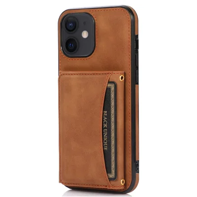 For iPhone 12 6.1 inch Multi Card Slots Kickstand Tri-fold Wallet Phone Cover PU Leather + TPU Protective Back Case - Brown