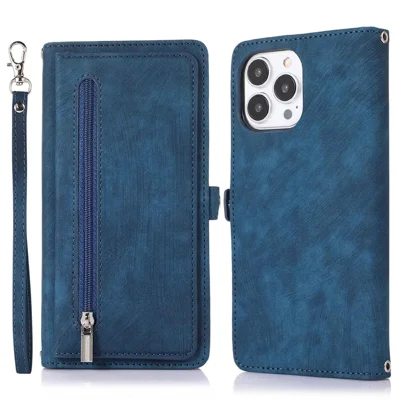 For iPhone 14 Pro Max 6.7 inch 9 Card Slots Phone Wallet Case Zipper Pocket Design Full Protection PU Leather Stand Cover with Wrist Strap - Blue