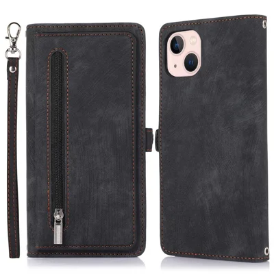 Per iPhone 14 6.1 pollici Zip Design Pocket 9 Card Slots Phone Wallet Case PU Leather Stand Shockproof Cover con Cinturino da Polso - Nero