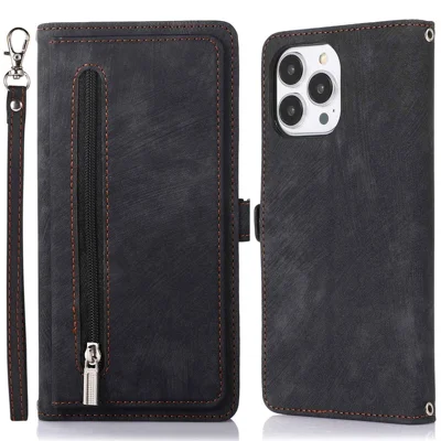 For iPhone 13 Pro Max 6.7 inch Multi-Functional 9 Card Slots Stand Protective Cover PU Leather Wallet Case with Zipper Pocket and Wrist Strap - Black