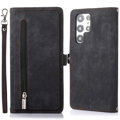 For Samsung Galaxy S22 Ultra 5G Zipper Leather Phone Case Stand Multi-Functional 9 Card Holder Wrist Strap Protective Cover - Black